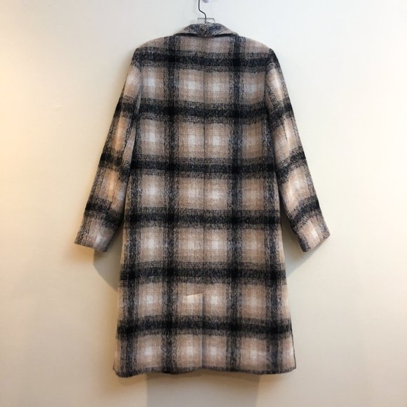 Old Navy Classic Wool Blend Black Cream Plaid V Neck Trench Coat Women's Medium - Picture 10 of 10